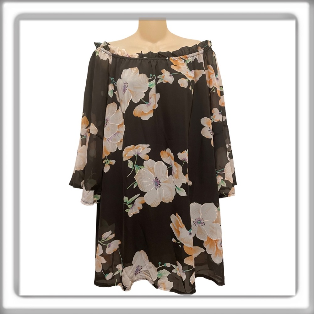 NWT White Mark Floral On Off Shoulder Lined Tunic Top Sheer Sleeves Size 2XL